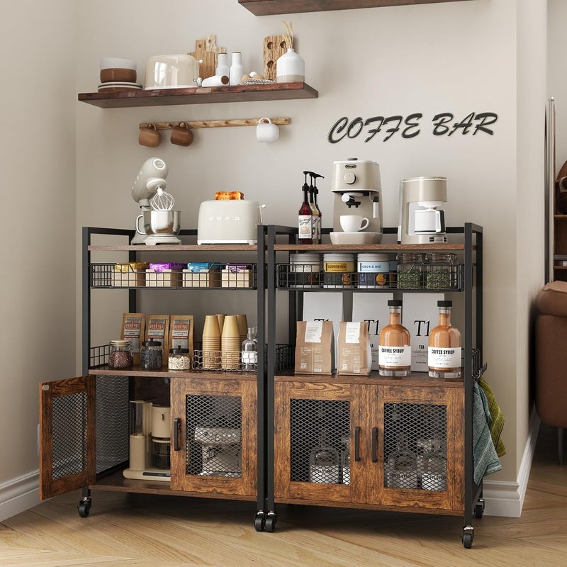 Hencawima Coffee Bar Cabinet, 3 Tier Coffee Station Table on Wheels, 35.9" H Bar Cart with Wire Basket Drawer & 5 Hooks for Home Kitchen, Liquor Buffet Sideboard Cabinet (Rustic Brown) - Image 2